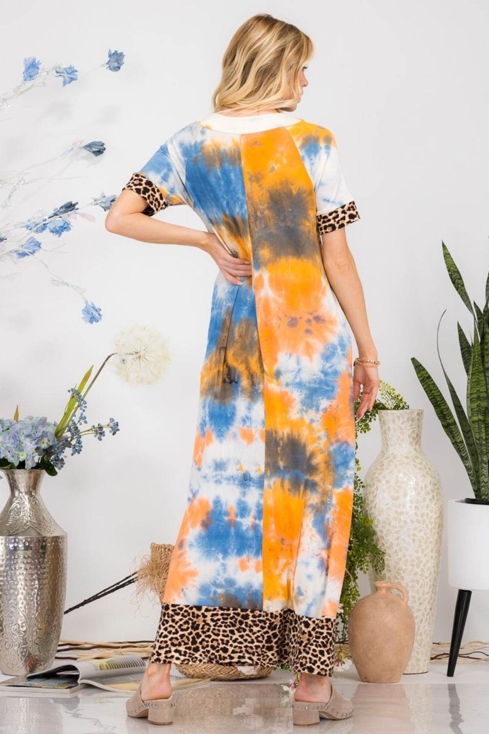 Celeste | Leopard Tie-Dye Button Detail Short Sleeve Maxi Dress Plus Size - us.meeeshop