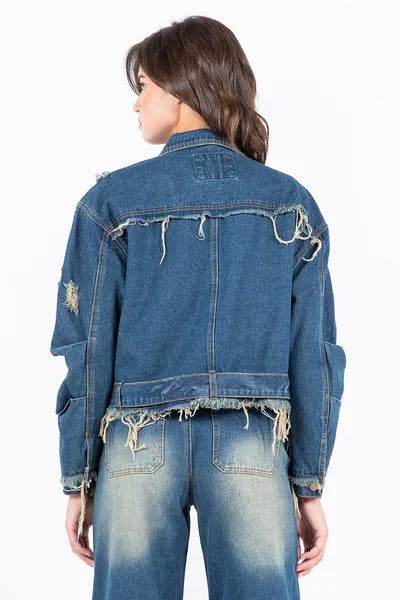 American Bazi Distressed Frayed Edge Zip Up Denim Jacket - us.meeeshop