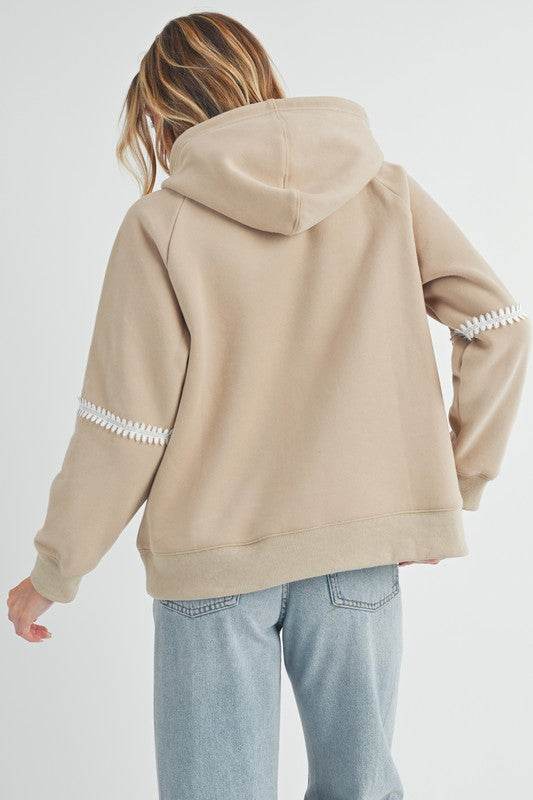 Aemi + Co Lace Detail Drawstring Hoodie with Kangaroo Pocket in Oatmeal - us.meeeshop