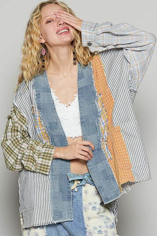 POL Raw Edge Plaid & Striped Open Front Cardigan - us.meeeshop