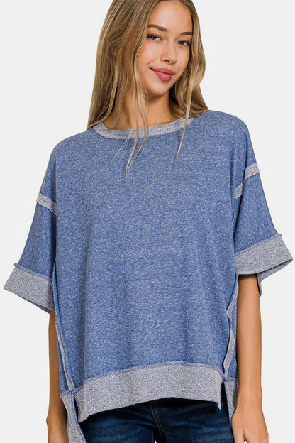 Zenana Contrast Trim Drop Shoulder T-Shirt | us.meeeshop