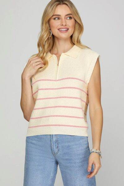 She + Sky | Ribbed Hem Striped Half Zip Sweater Vest Plus Size - us.meeeshop