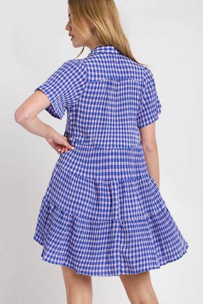 Umgee Gingham Tiered Button Detail Short Sleeve Dress Plus Size - us.meeeshop