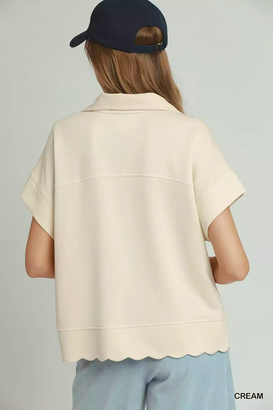 umgee half zip Umgee Half Zip Pullover with Scalloped Edge Hem view 2 (layer) - shop at us.meeeshop