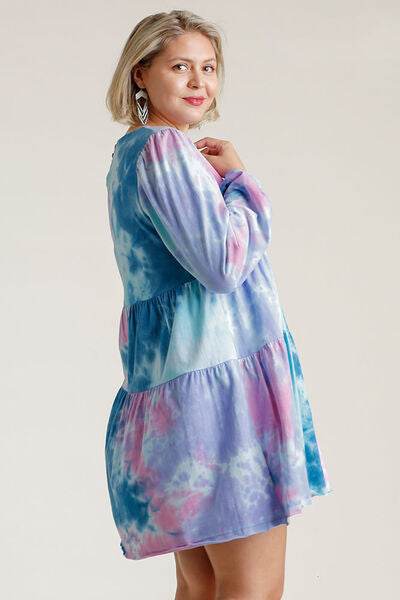 Umgee Tie Dye Round Neck Long Sleeve Babydoll Tiered Dress Plus Size - us.meeeshop