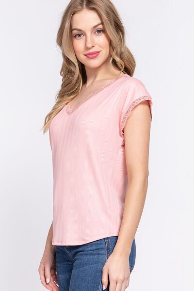 ACTIVE BASIC Lace Trim V-Neck Short Sleeve Ribbed Top us.meeeshop - 