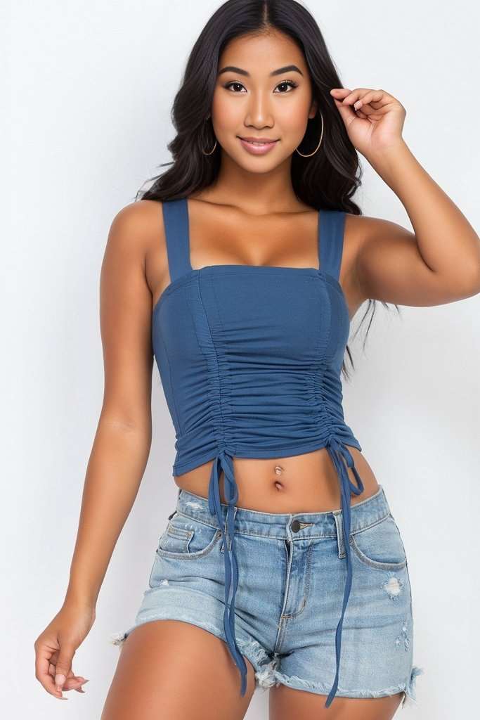 Adjustable Front Ruched With String Square Neck Crop Tops in Blue Hazel | us.meeeshop