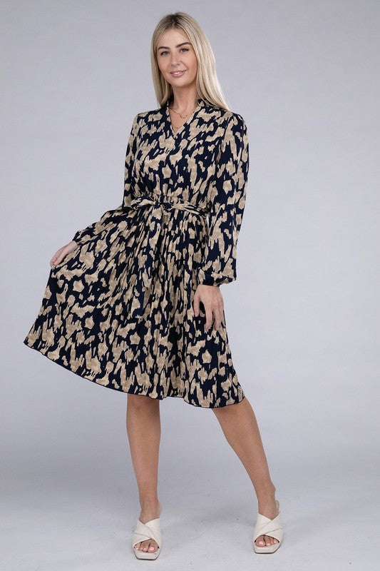 Allover Print Pleated Belted Dress | us.meeeshop