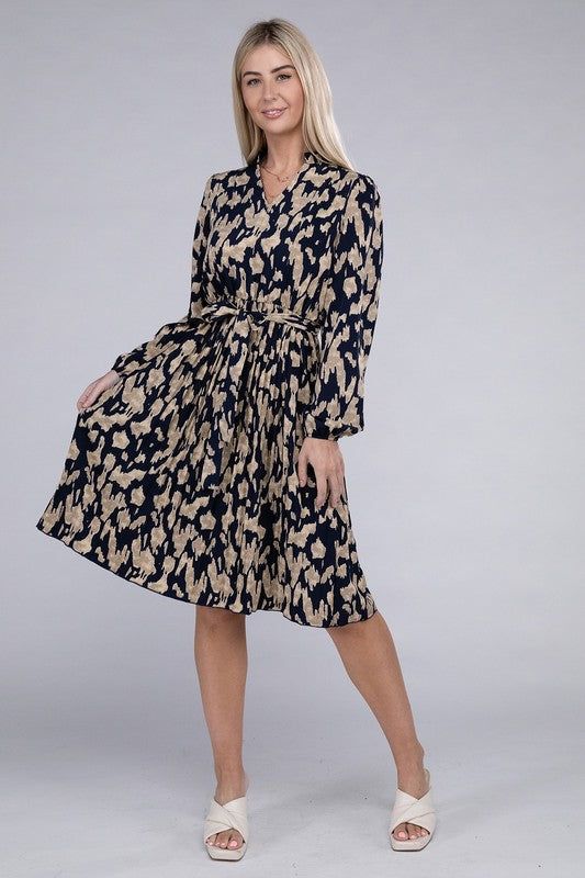 Women's Allover Print Pleated Belted Dress - us.meeeshop