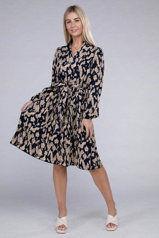 Allover Print Pleated Belted Dress - us.meeeshop