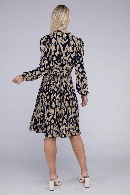 Allover Print Pleated Belted Dress - us.meeeshop