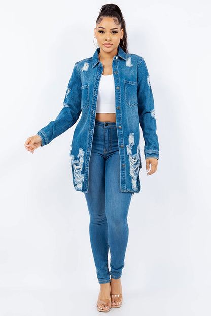 American Bazi Distressed Button Up Long Sleeve Denim Jacket In Blue us.meeeshop - 