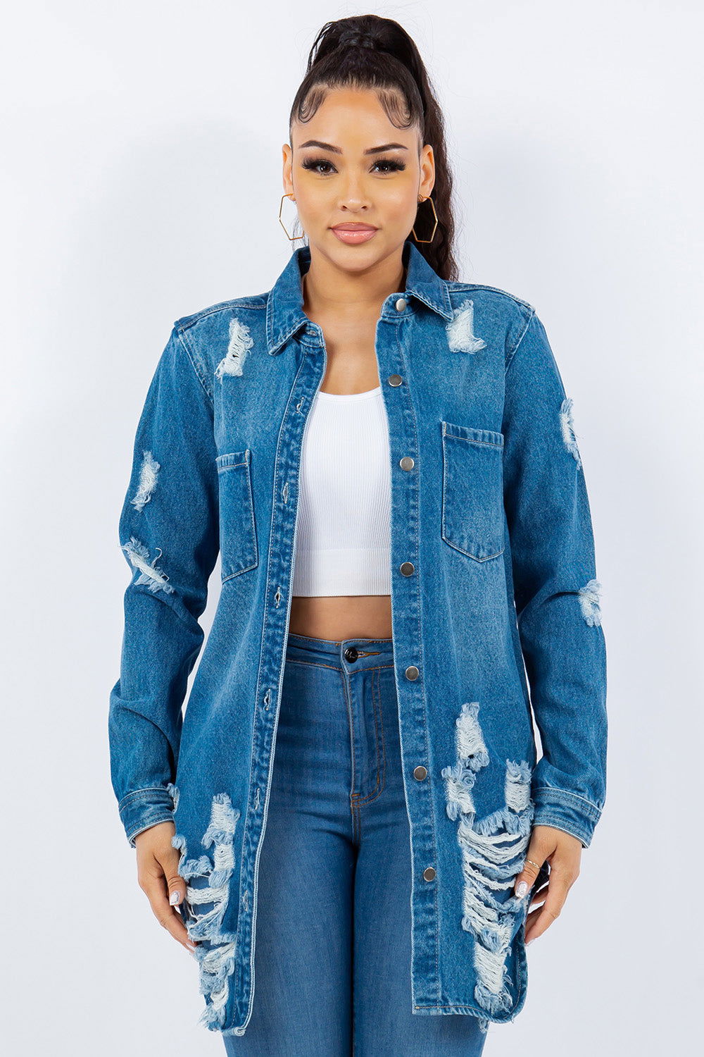 American Bazi Distressed Button Up Long Sleeve Denim Jacket In Blue us.meeeshop - Coats & Jackets