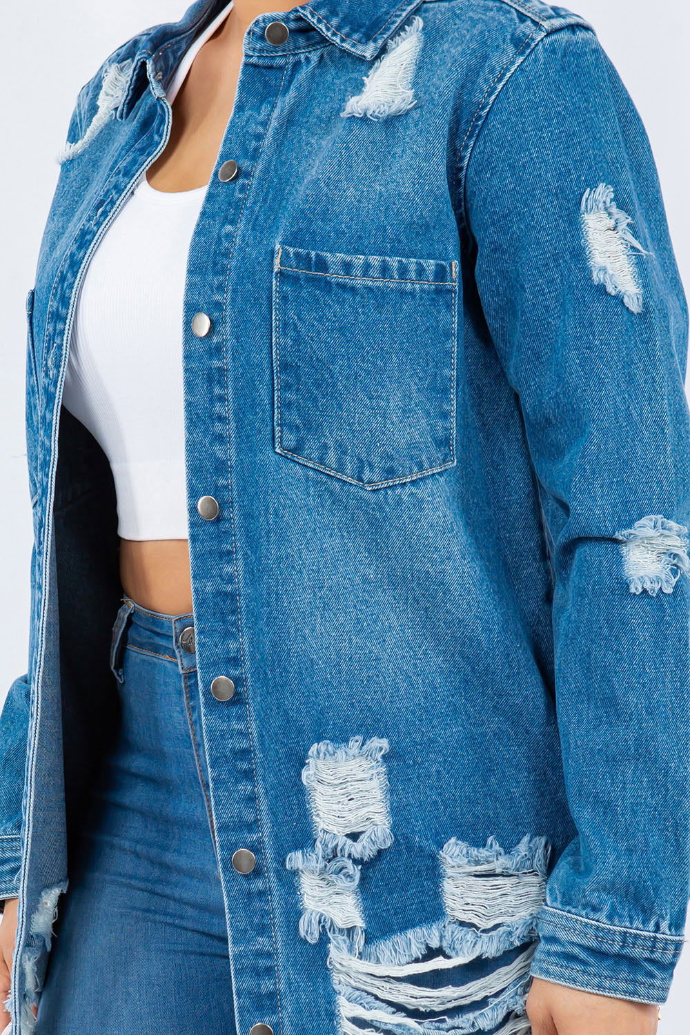 American Bazi Distressed Button Up Long Sleeve Denim Jacket In Blue us.meeeshop - 