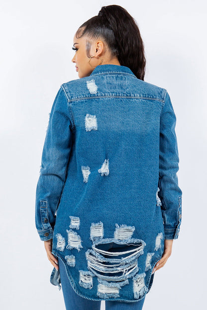 American Bazi Distressed Button Up Long Sleeve Denim Jacket In Blue us.meeeshop - 