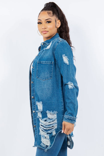 American Bazi Distressed Button Up Long Sleeve Denim Jacket In Blue us.meeeshop - 