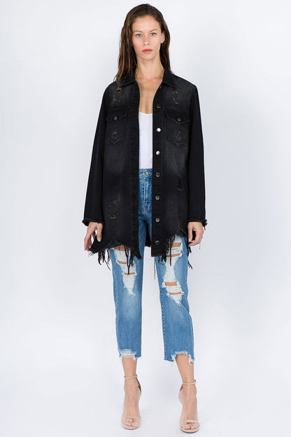 American Bazi Distressed Frayed Hem Denim Jacket us.meeeshop - 