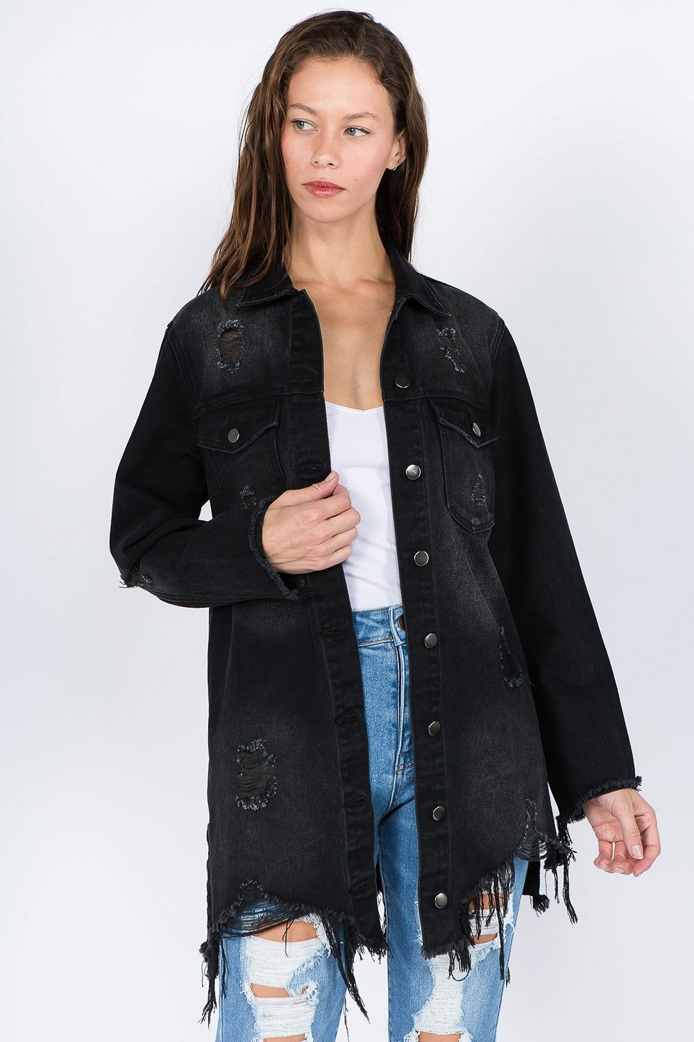 American Bazi Distressed Frayed Hem Denim Jacket us.meeeshop - Coats & Jackets