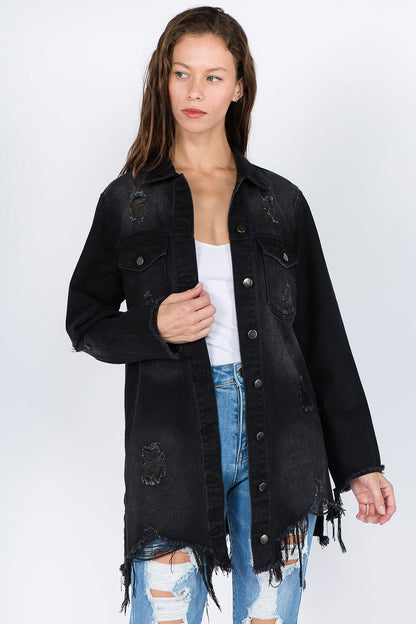 American Bazi Distressed Frayed Hem Denim Jacket us.meeeshop - Coats & Jackets