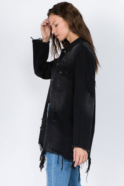 American Bazi Distressed Frayed Hem Denim Jacket us.meeeshop - 