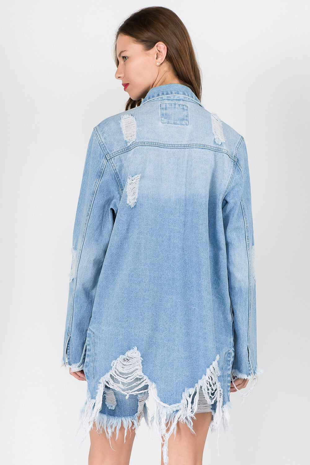 American Bazi Distressed Frayed Hem Denim Jacket us.meeeshop - 