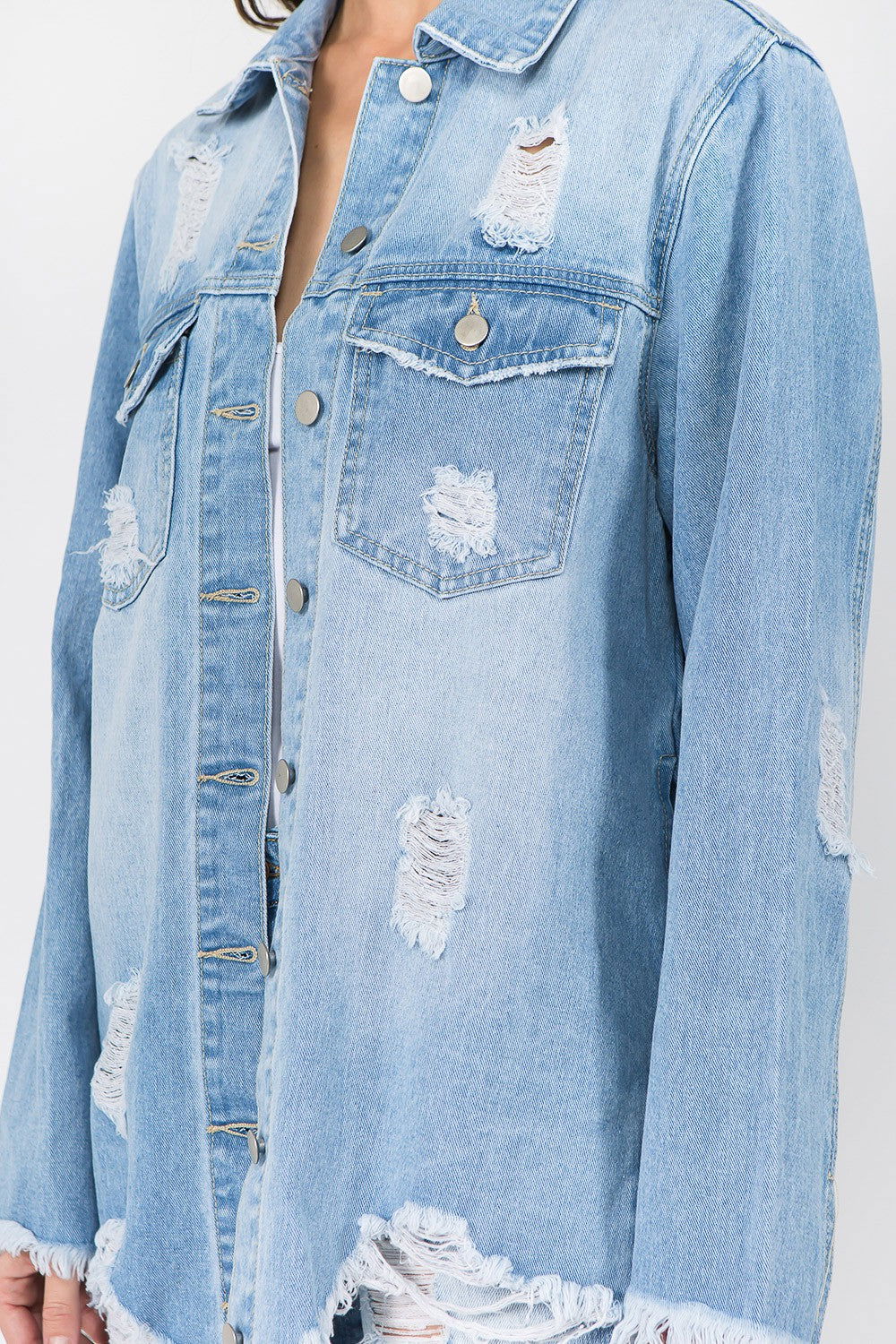 American Bazi Distressed Frayed Hem Denim Jacket us.meeeshop - 