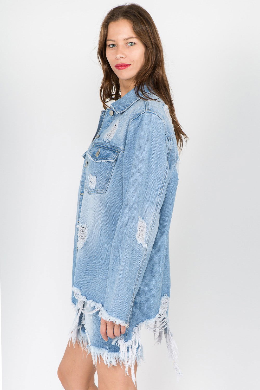 American Bazi Distressed Frayed Hem Denim Jacket us.meeeshop - 