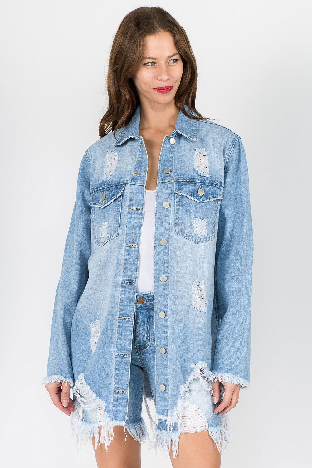 American Bazi Distressed Frayed Hem Denim Jacket us.meeeshop - Coats & Jackets