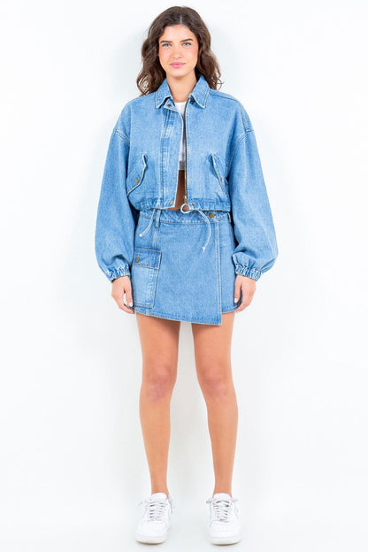 American Bazi Drawstring Waist Crop Denim Jacket us.meeeshop - 