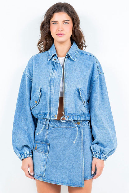 American Bazi Drawstring Waist Crop Denim Jacket us.meeeshop - Coats & Jackets