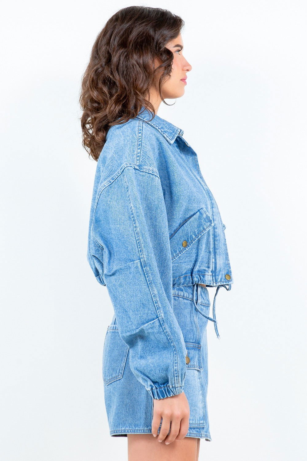 American Bazi Drawstring Waist Crop Denim Jacket us.meeeshop - 