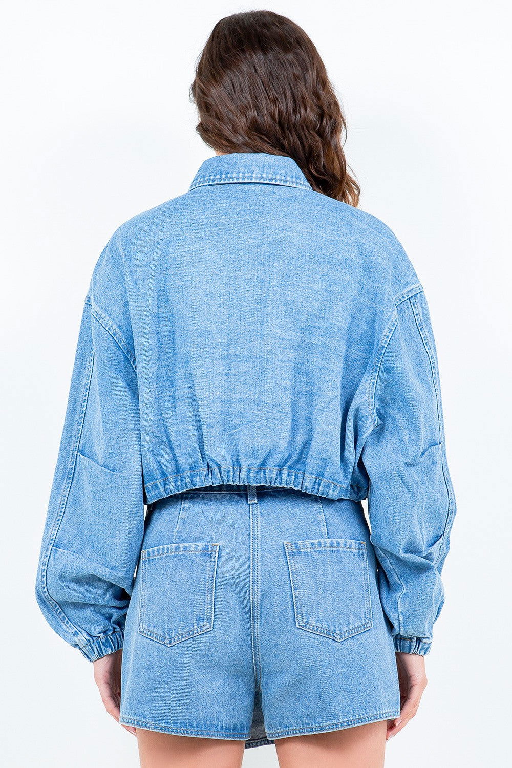 American Bazi Drawstring Waist Crop Denim Jacket us.meeeshop - 