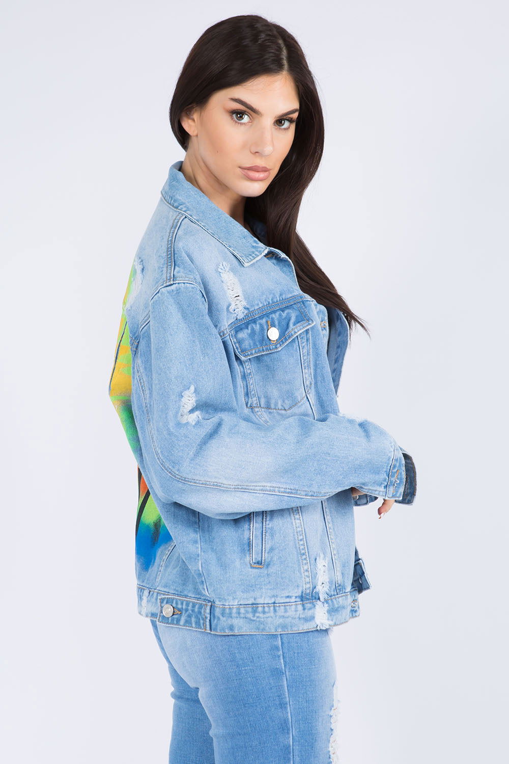 American Bazi Full Size Painted Back Distressed Denim Jacket us.meeeshop - 