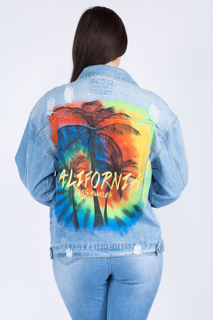 American Bazi Full Size Painted Back Distressed Denim Jacket us.meeeshop - 