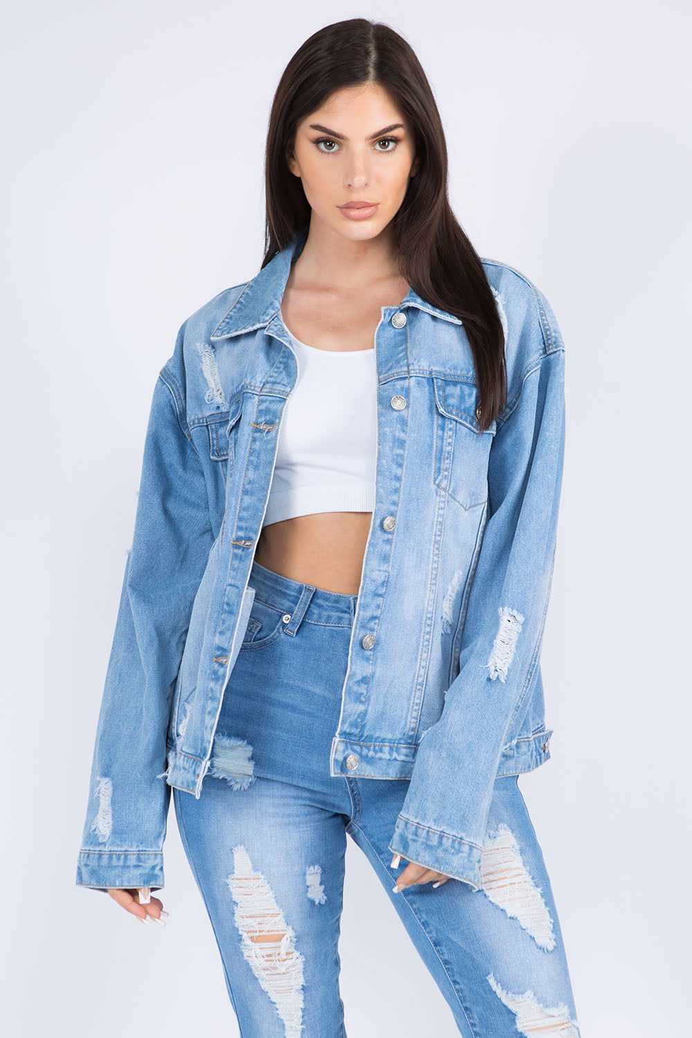 American Bazi Full Size Painted Back Distressed Denim Jacket us.meeeshop - Coats & Jackets