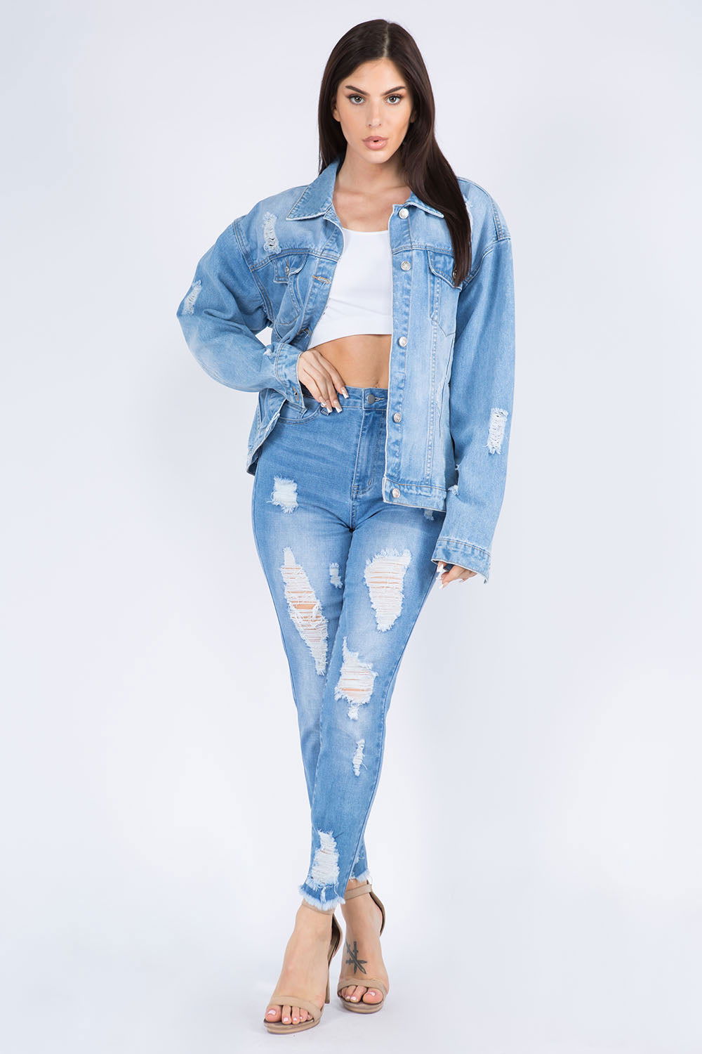 American Bazi Full Size Painted Back Distressed Denim Jacket us.meeeshop - 