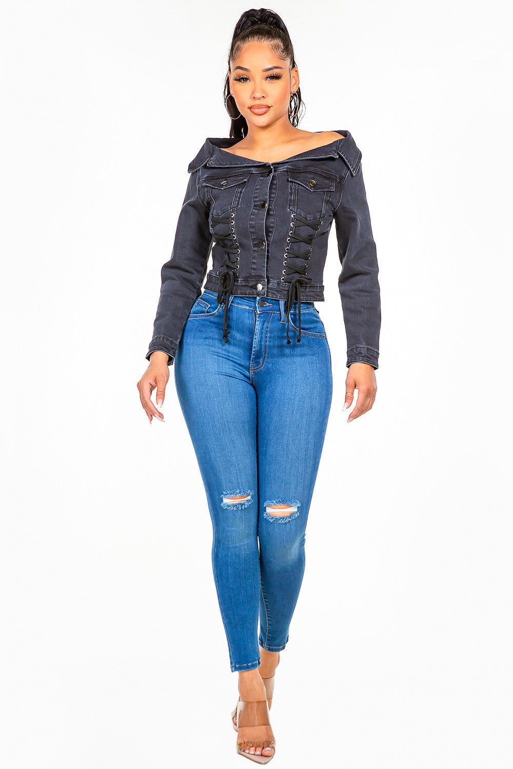 American Bazi Off Shoulder Lace Up Denim Jacket us.meeeshop - 