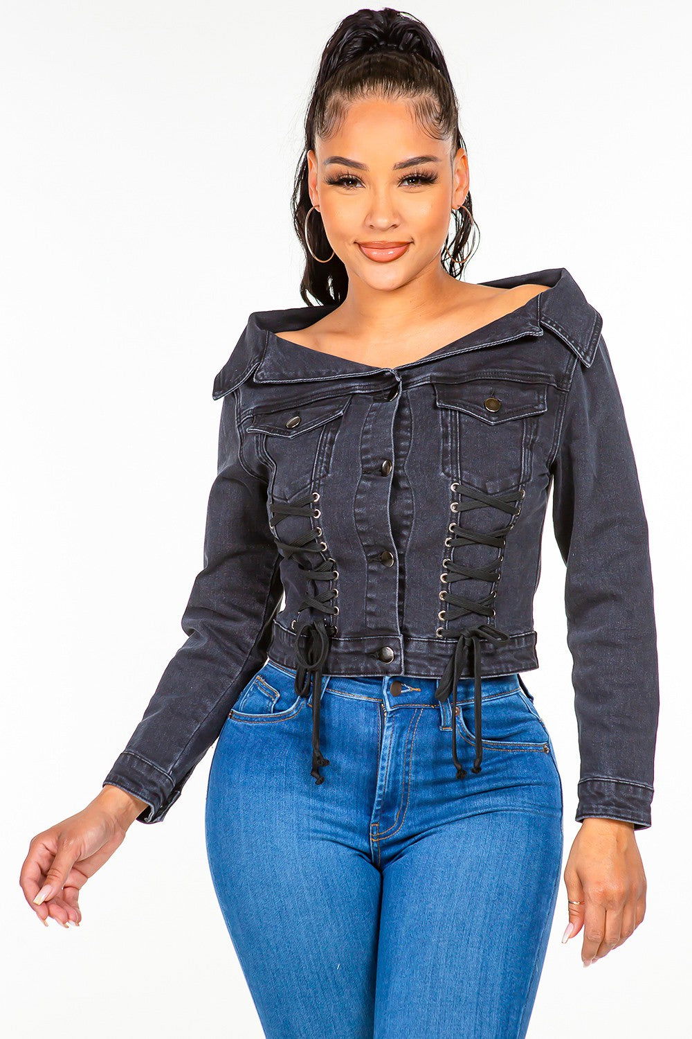 American Bazi Off Shoulder Lace Up Denim Jacket us.meeeshop - Coats & Jackets