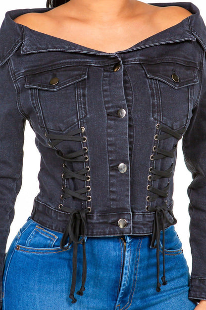 American Bazi Off Shoulder Lace Up Denim Jacket us.meeeshop - 