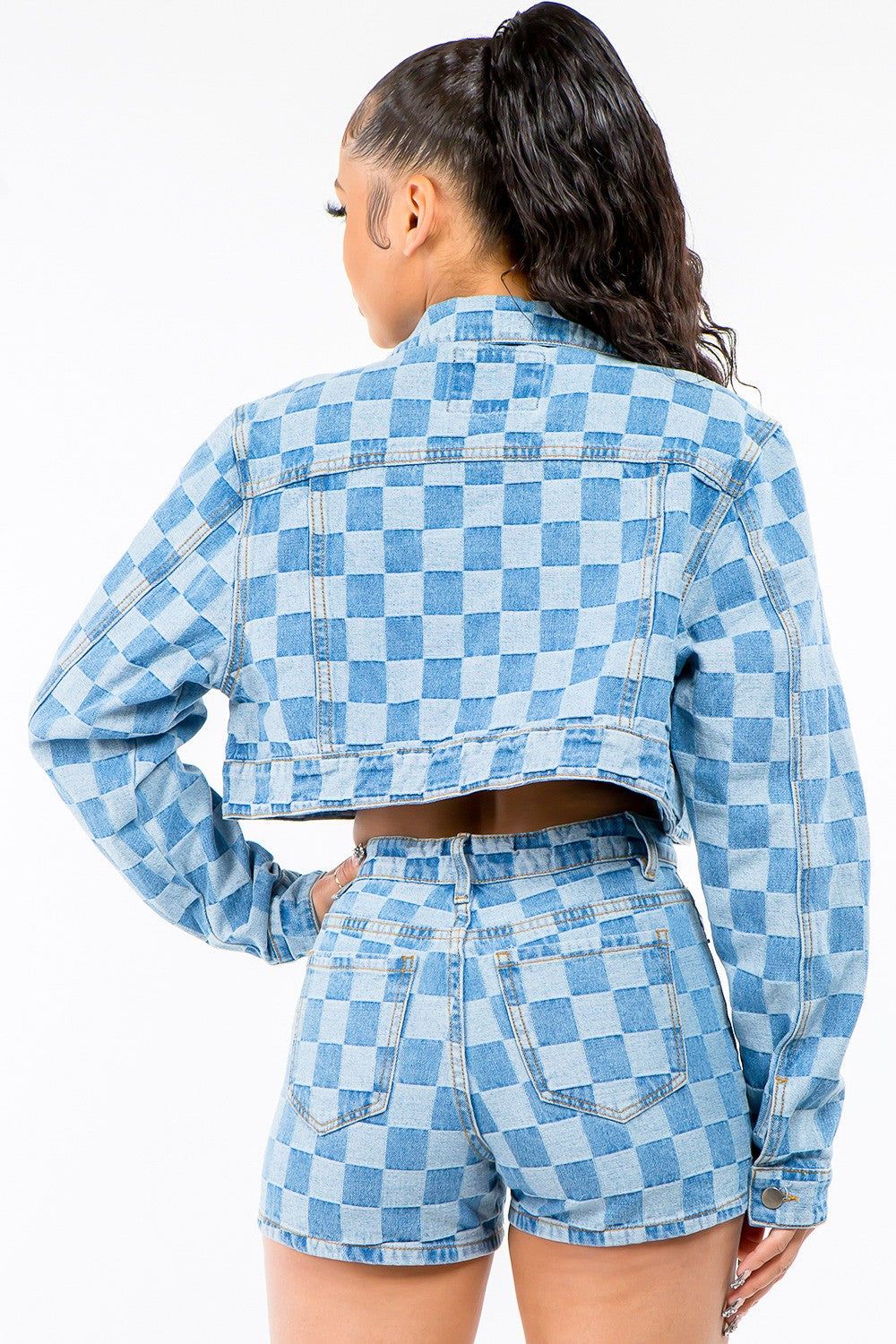 American Bazi Checkered Long Sleeve Cropped Denim Jacket - us.meeeshop