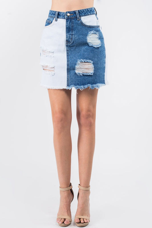 American Bazi Contrast Patched Frayed Denim Distressed Skirts - us.meeeshop