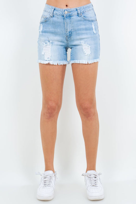American Bazi High Waist Distressed Frayed Denim Shorts - us.meeeshop