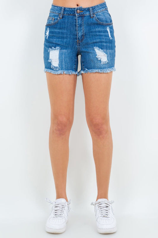 American Bazi High Waist Distressed Frayed Denim Shorts - us.meeeshop