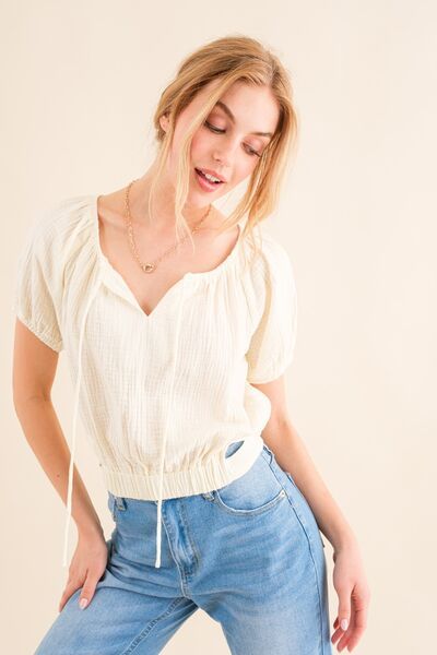 And The Why Cotton Gauze Back Waist Tie Cropped Blouse us.meeeshop - 