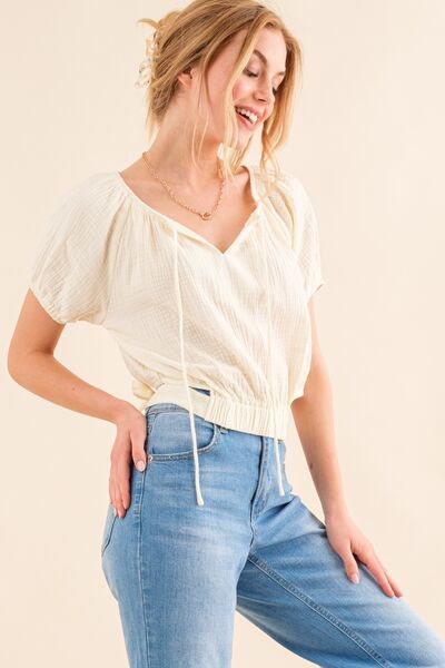 And The Why Cotton Gauze Back Waist Tie Cropped Blouse us.meeeshop - 