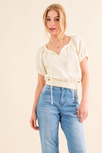 And The Why Cotton Gauze Back Waist Tie Cropped Blouse us.meeeshop - Shirts & Tops