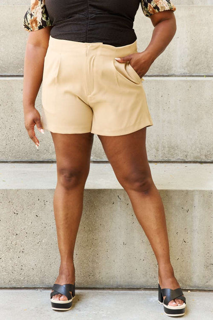 And The Why Every Little Thing Full Size Pleated High Waisted Shorts in Sand | us.meeeshop