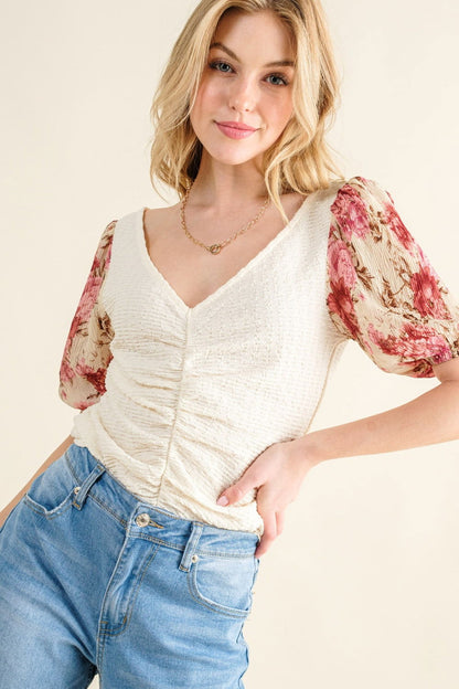 And The Why Floral Print Textured Sleeve Knit Top us.meeeshop - 