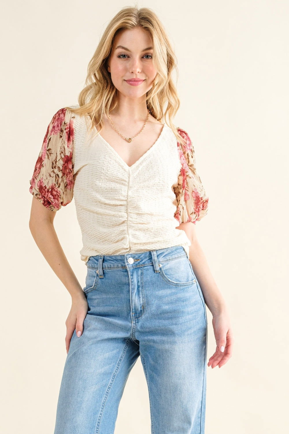 And The Why Floral Print Textured Sleeve Knit Top us.meeeshop - 