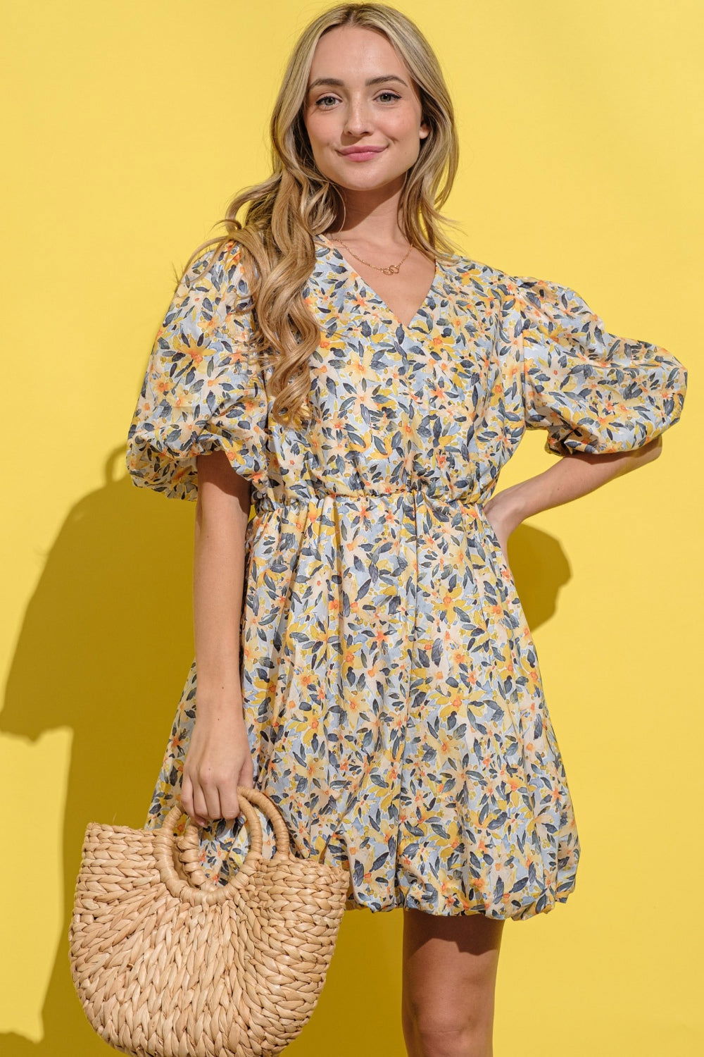 And The Why Floral Surplice Puff Sleeve Dress us.meeeshop - 